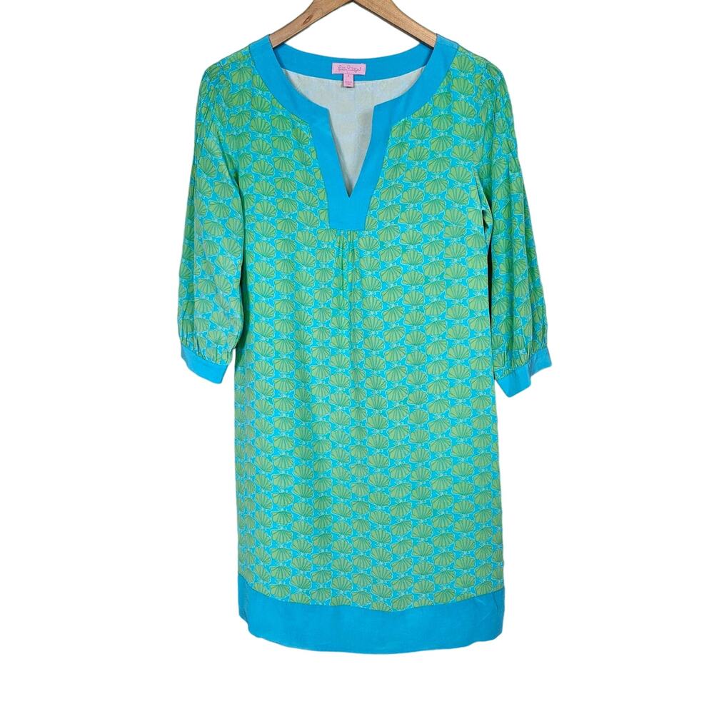 Lilly Pulitzer Anya Dress Border Silk Turquoise Seashell Women's 4